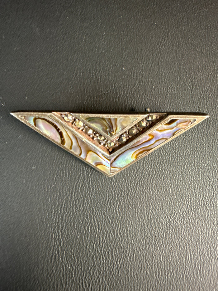 Sterling Marcasite & Abalone Art Deco Pin