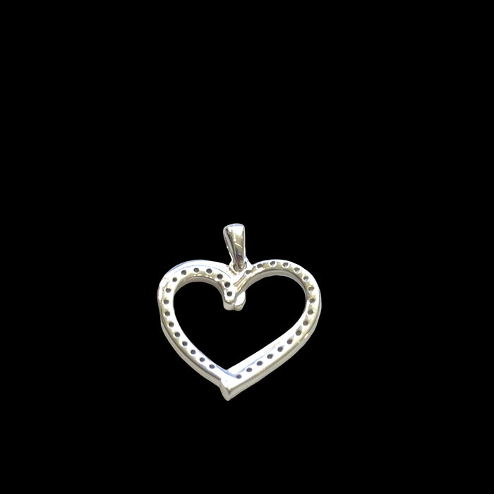 Classic sterling silver heart pendant with pavé cubic zirconia stones, 925 stamp, romantic love jewelry, 1 inch elongated heart, on a black background, back view.