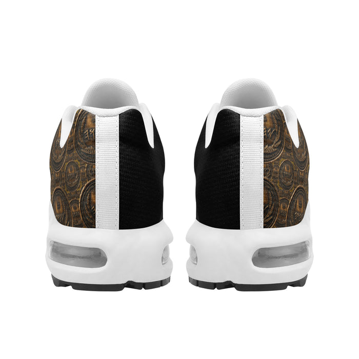Rear view of the Unisex Eco-Flex sneakers showing the white chunky heel, air cushions, and asymmetric black and bronze pattern.