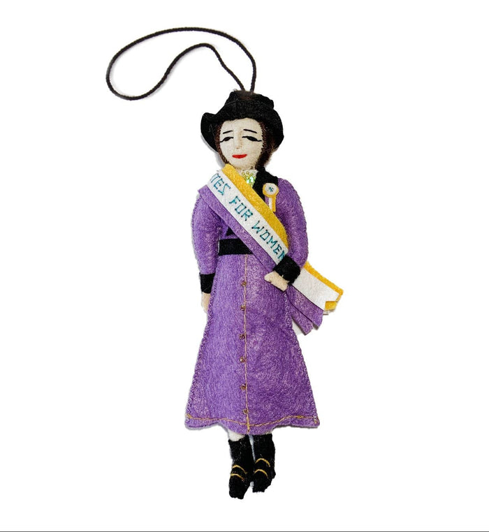 Felted Suffragist Ornament wearing a Votes For Women Sash and a purple dress