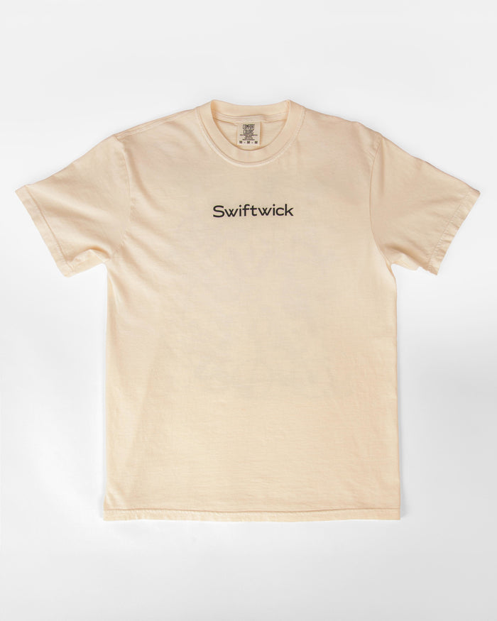 Beige t-shirt with Swiftwick logo on a white background