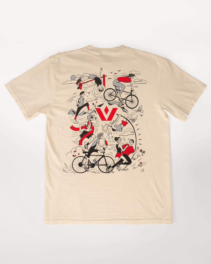 Beige tshirt with graphic design of black and red cartoon characters