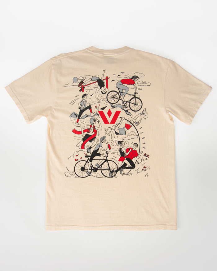 Back view of Swiftwick Graphic Tee showing large illustrated cycling and running back print with red V logo on ivory