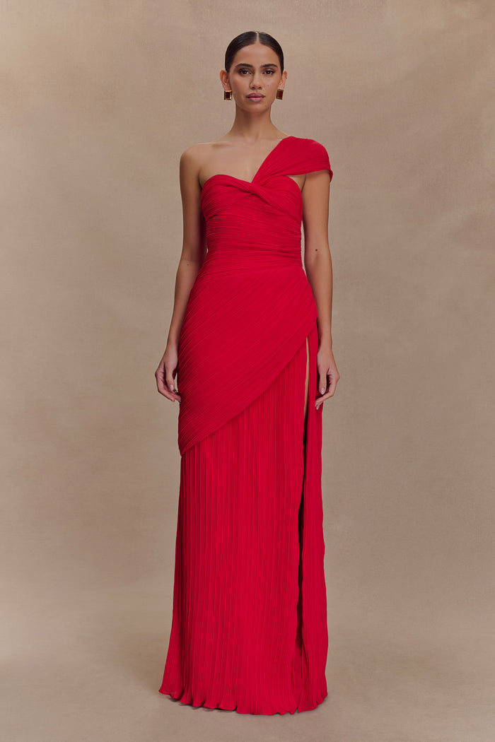 Tamara Shirred Chiffon Midi Dress - Red