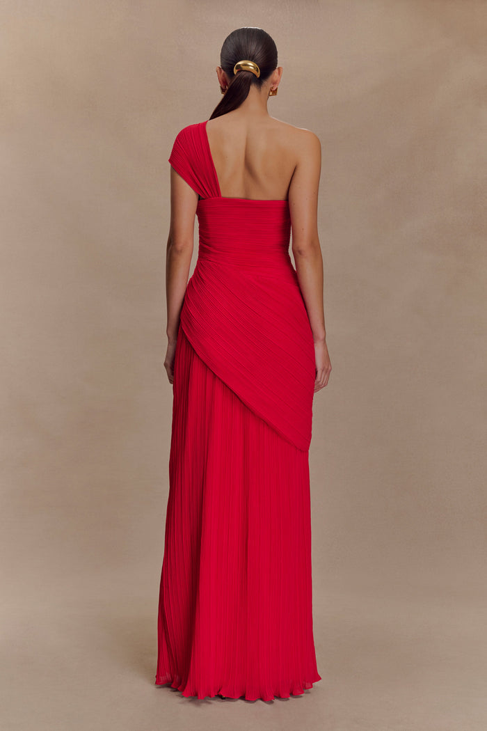 Tamara Shirred Chiffon Midi Dress - Red