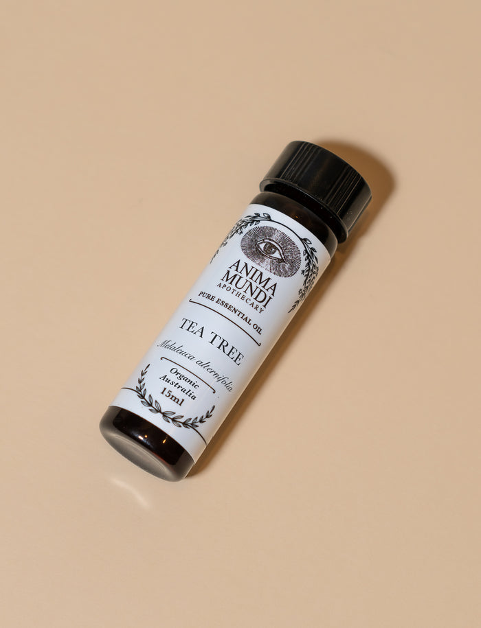 Tea tree essential oil bottle with label on a beige background