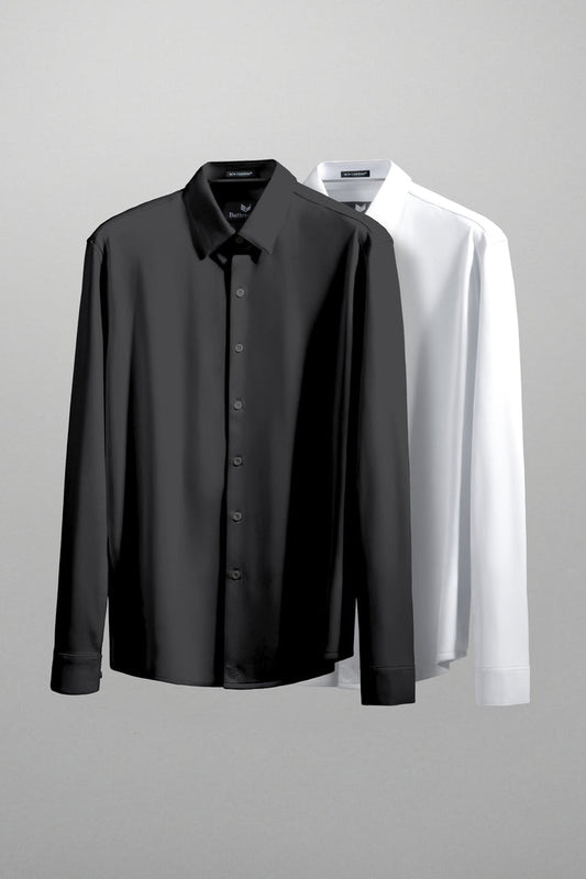 Model showcasing Tenacity Black and White long sleeve formal collar dress shirt.