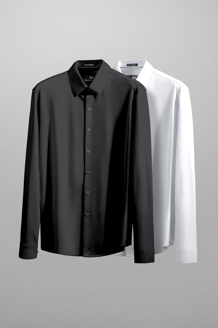 Model showcasing Tenacity Black and White long sleeve formal collar dress shirt.