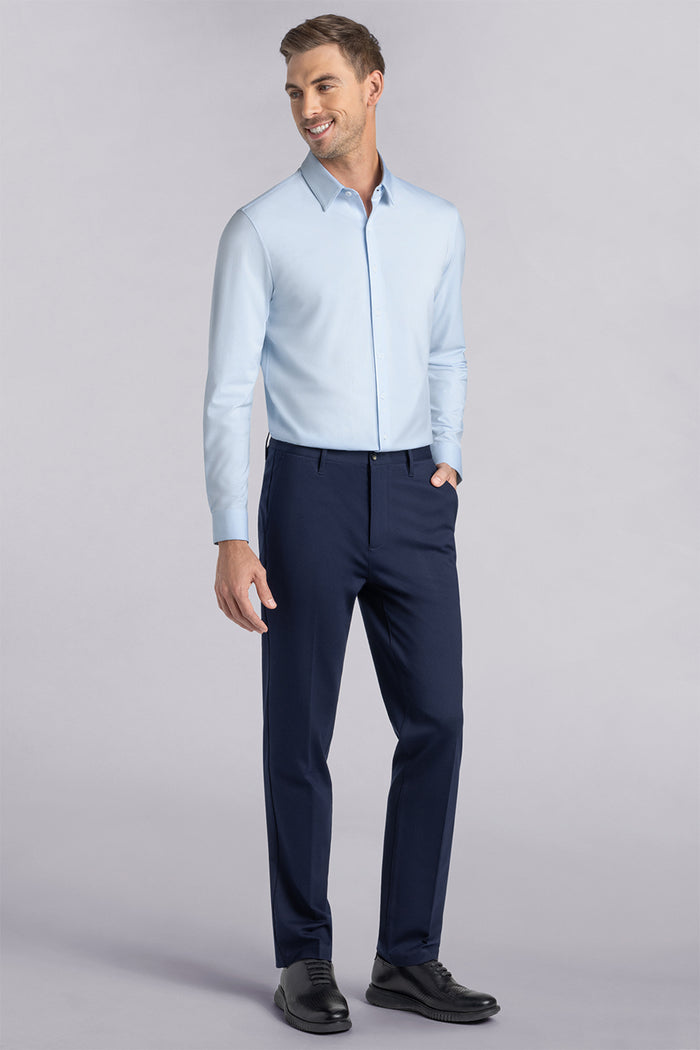 Model wearing Tenacity Classic Country Air Icy Cotton® long sleeve collar shirt, styled with navy pants.