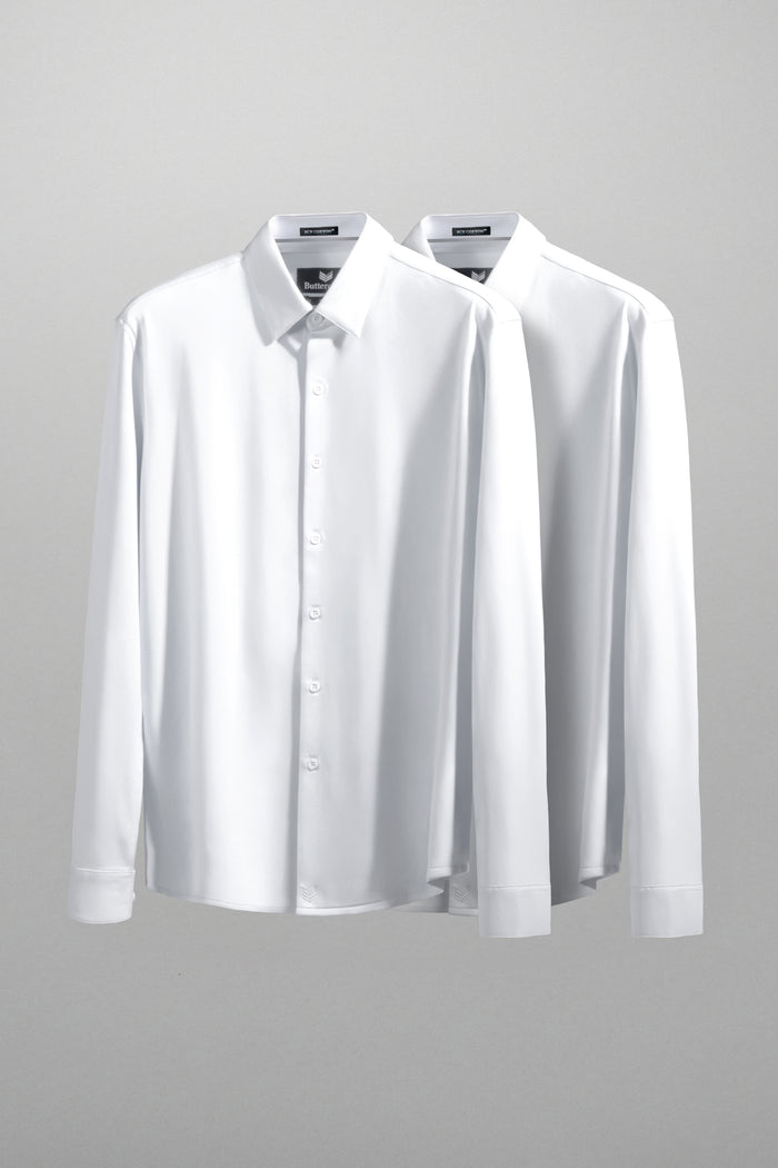 Model showcasing the Tenacity White long sleeve formal collar dress shirt.