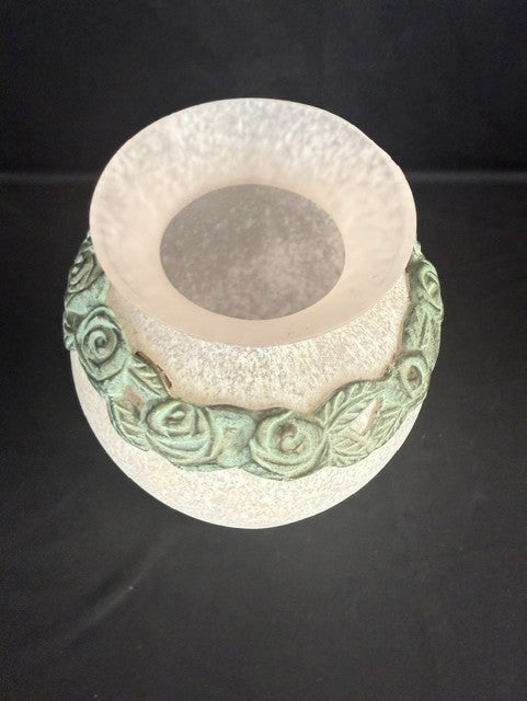 Textural iridescent pink vase with necklace of metal flowers