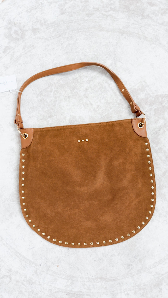 The Camel Rosalie Rivet Suede Hobo Bag