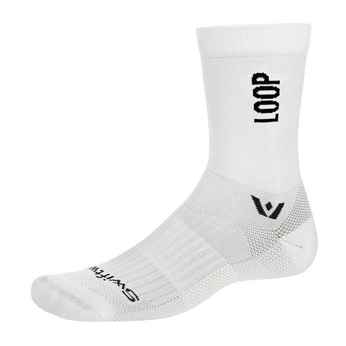 White athletic crew sock with vertical black LOOP text
