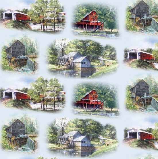 The Old Mill Stream Fabric by Elizabeth's Studio, Waterwheels, Quilting Fabric