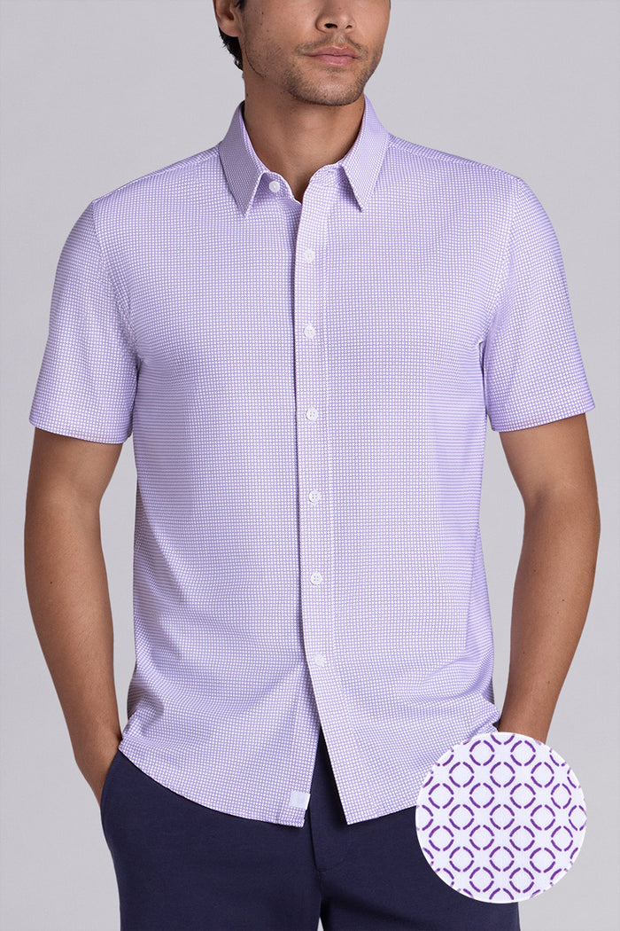Model wearing Thrills Purple short sleeve classic collar, styled with navy shorts