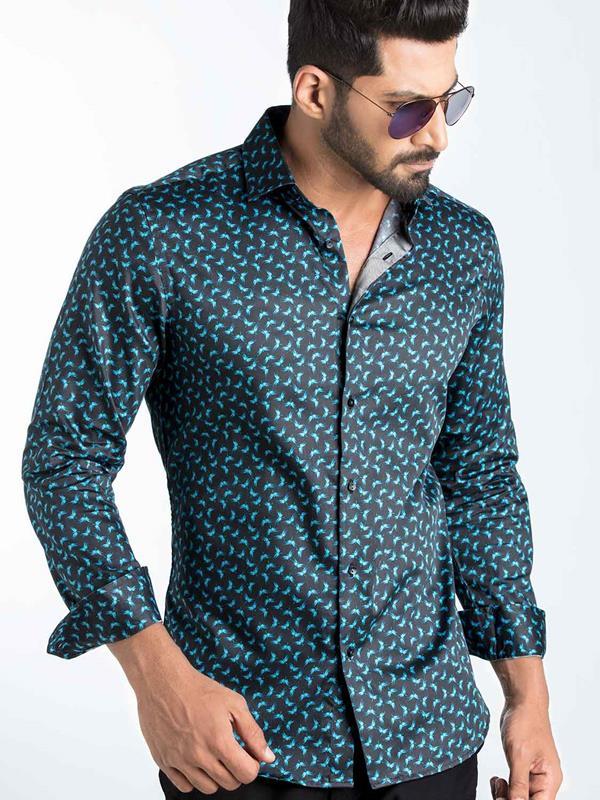 Timmi Blue Printed Full Sleeve Single Cuff Slim Fit Party Wear Blended Shirt