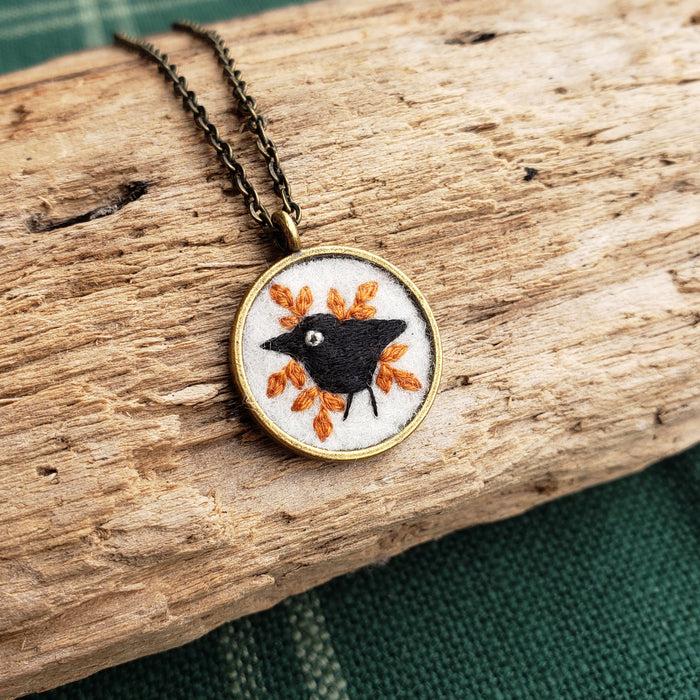 Tiny Embroidered Crow Necklace