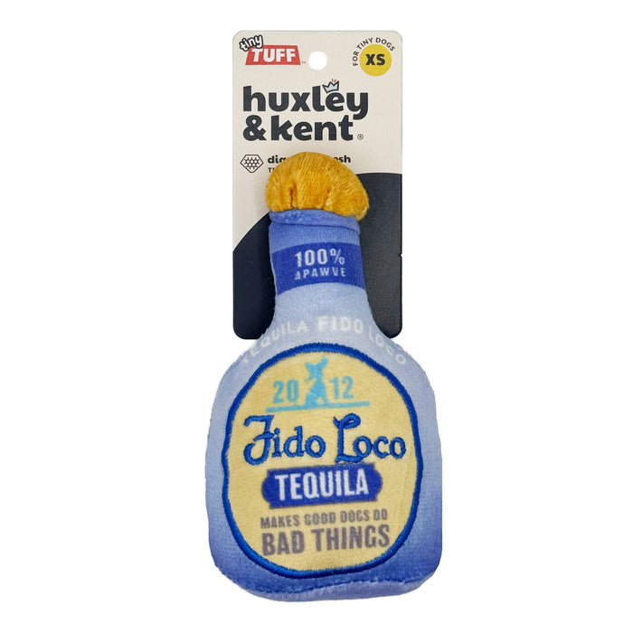 Dog with Tiny Tuff Fido Loco Tequila on a white background.