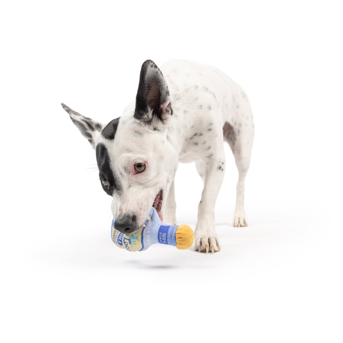 Dog with Tiny Tuff Fido Loco Tequila on a white background.