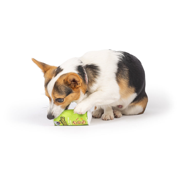 Dog with Tiny Tuff Puggles Can on a white background.