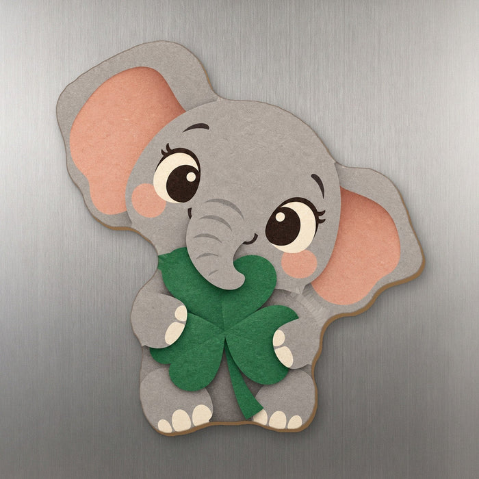 Tons o' Luck Elephant wood magnet M355 on a stainless steel fridge, made in USA