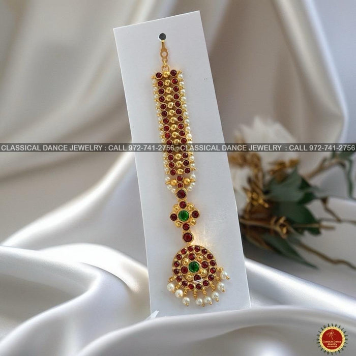 Classical Dance Jewelry Traditional Round Tikka Kempu Temple Indian Jewelry | Gold Pearls | Bharatnatyam Kuchipudi Engagement Weddings | Classical Dance Jewelry