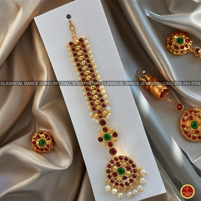 Classical Dance Jewelry Traditional Round Tikka Kempu Temple Indian Jewelry | Gold Pearls | Bharatnatyam Kuchipudi Engagement Weddings | Classical Dance Jewelry