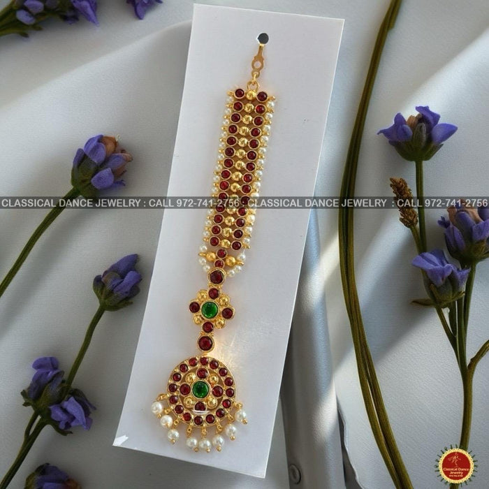 Classical Dance Jewelry Traditional Round Tikka Kempu Temple Indian Jewelry | Gold Pearls | Bharatnatyam Kuchipudi Engagement Weddings | Classical Dance Jewelry
