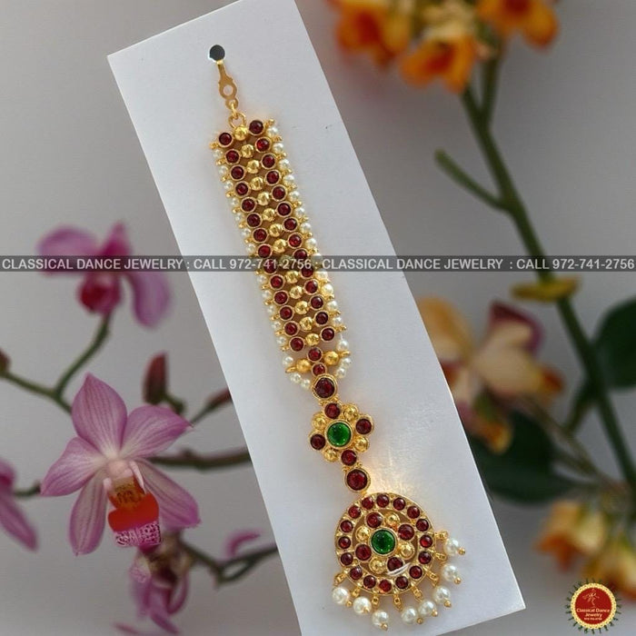 Classical Dance Jewelry Traditional Round Tikka Kempu Temple Indian Jewelry | Gold Pearls | Bharatnatyam Kuchipudi Engagement Weddings | Classical Dance Jewelry