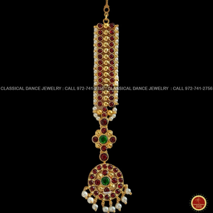 Classical Dance Jewelry Traditional Round Tikka Kempu Temple Indian Jewelry | Gold Pearls | Bharatnatyam Kuchipudi Engagement Weddings | Classical Dance Jewelry