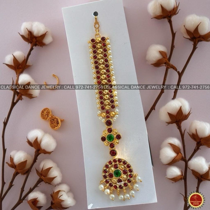 Classical Dance Jewelry Traditional Round Tikka Kempu Temple Indian Jewelry | Gold Pearls | Bharatnatyam Kuchipudi Engagement Weddings | Classical Dance Jewelry