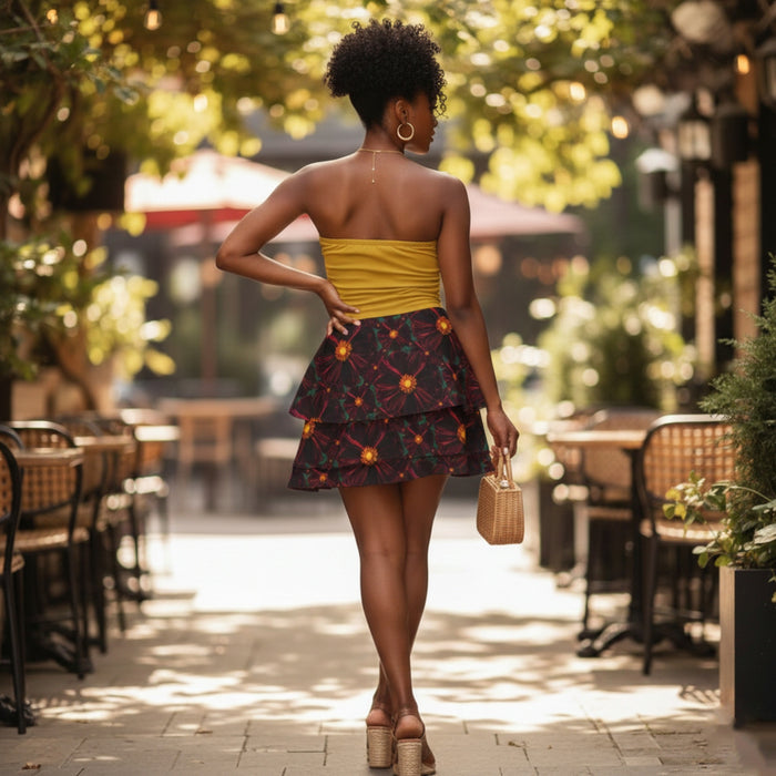 Rear view of a woman in a yellow tube top and floral skirt walking through a sunlit, tree-lined outdoor patio.