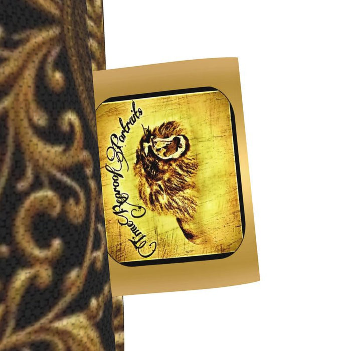Close-up of the Timeproof Portraits fabric brand tag with a lion logo on the sunflower tote bag.