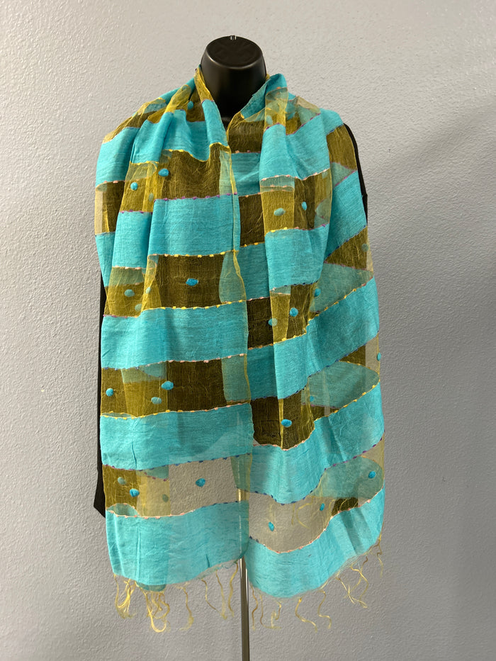 Turquoise Silk Shantung Boho Maxi Scarf With Fringe