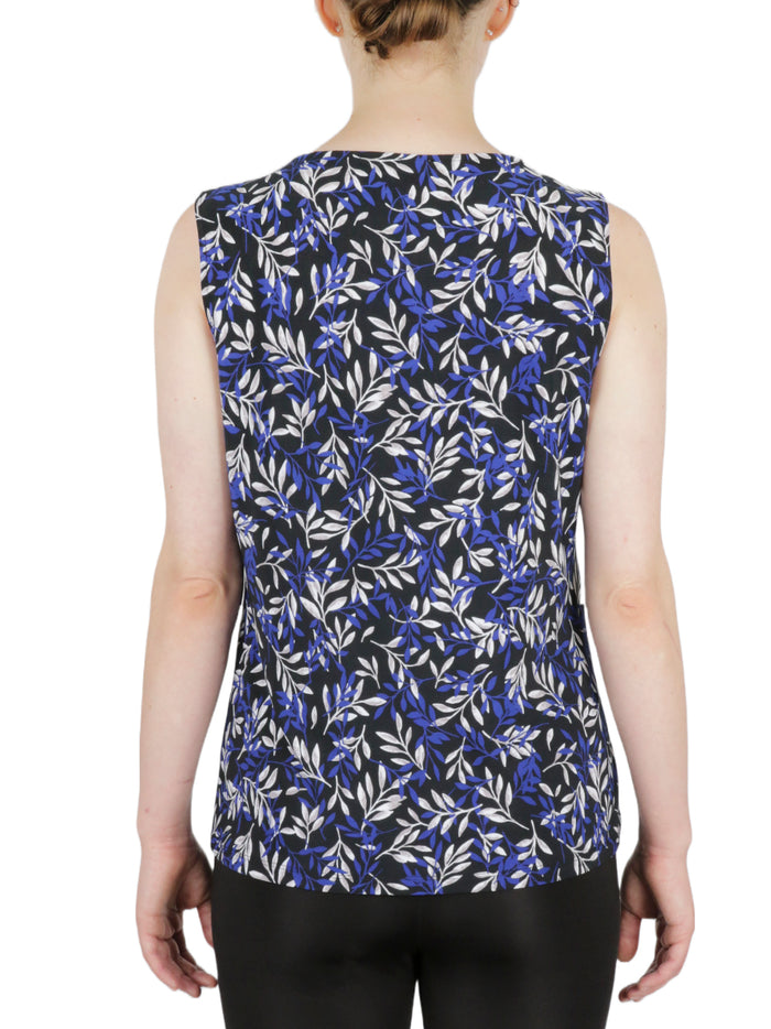 Twist Neck Printed Feather Ity With Faux Leather Knit Top