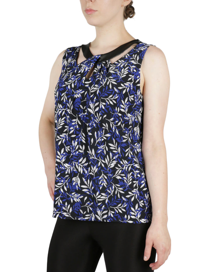 Twist Neck Printed Feather Ity With Faux Leather Knit Top