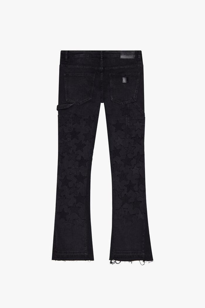Close-up of Valabasas V-Stars Black Stacked Flare Denim Jeans showing high-quality stitching