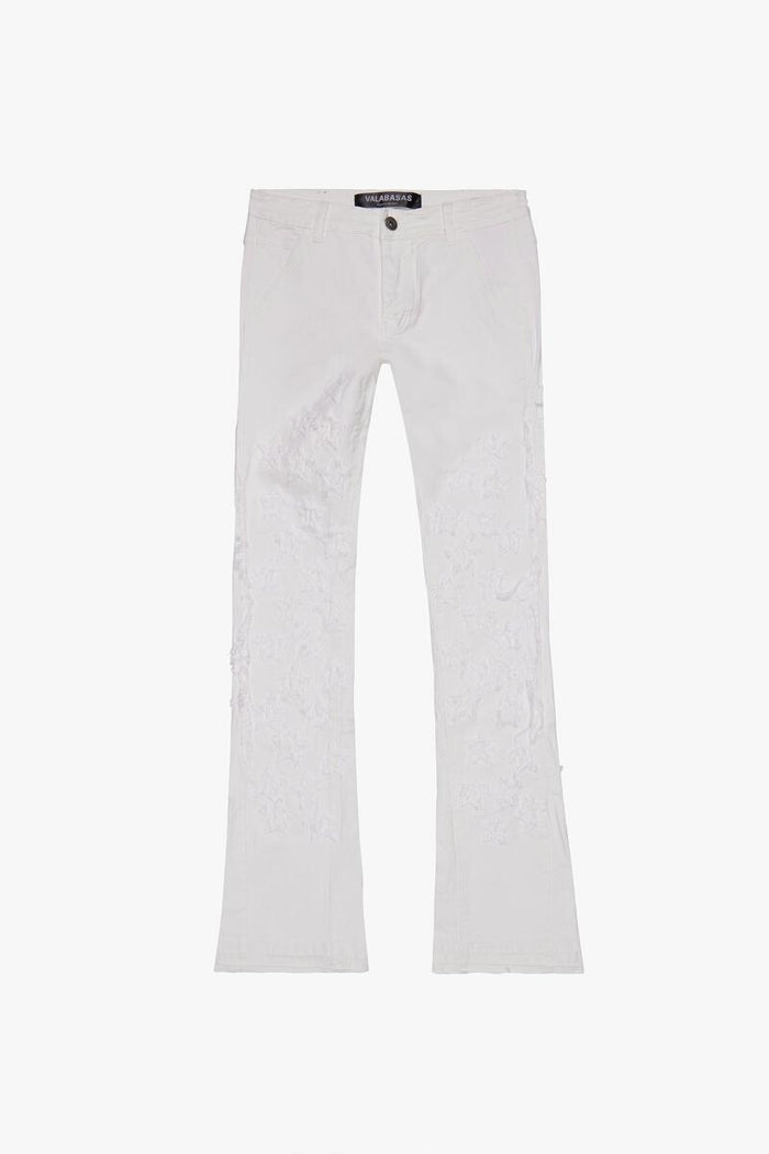 Valabasas V-Stars White Stacked Flare Denim Jeans with distressed details and frayed hems
