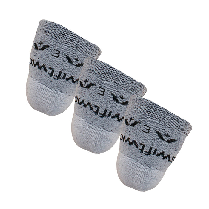 Three gray VALOR Above Knee socks marked 3