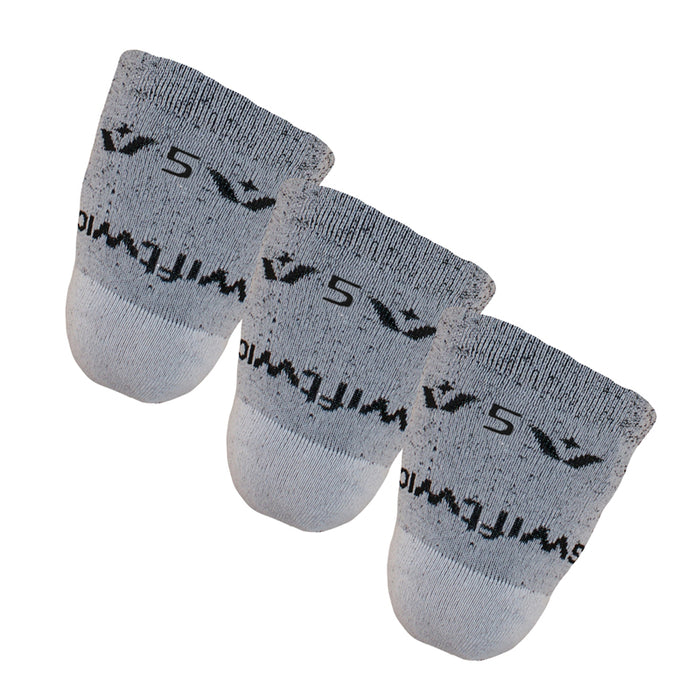 Three gray VALOR Above Knee socks marked 5