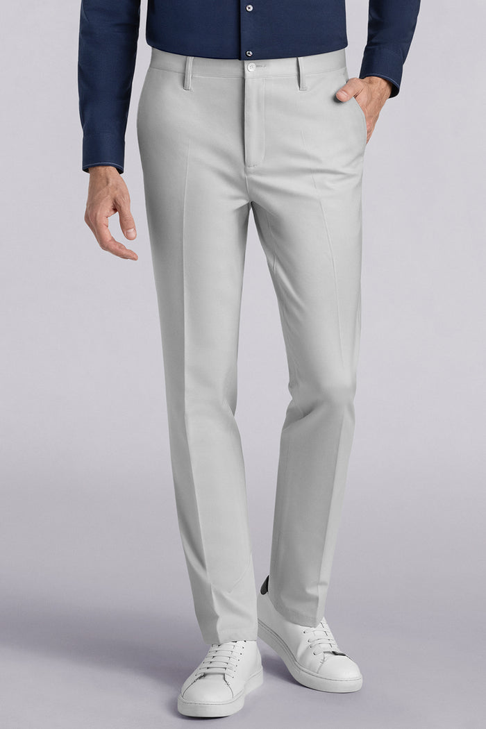 Model wearing Vigor Light Grey Icy Knit mid rise pants, styled with navy long sleeve shirt.