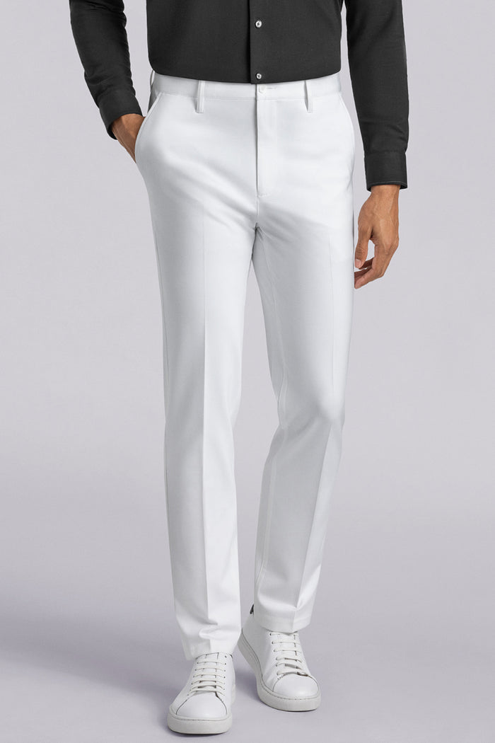Model wearing Vigor White Icy Knit mid rise pants, styled with black long sleeve shirt.
