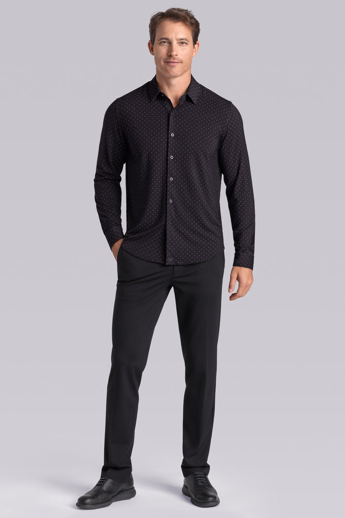 Model wearing Virtue Black Icy Bamboo® long sleeve classic collar shirt, styled with black pants.