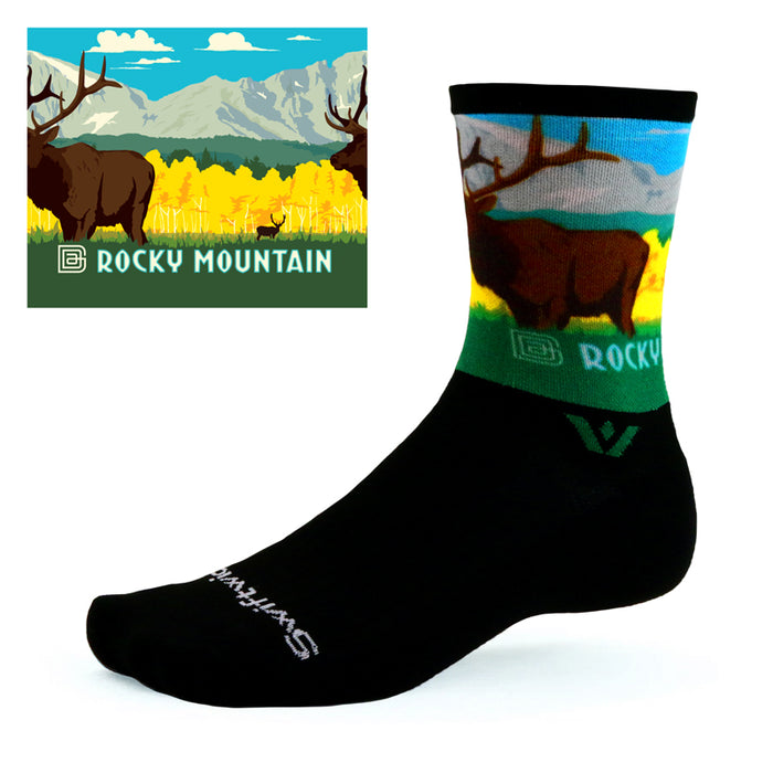 Black Vision Impression Rocky Mountain National Park crew sock with illustrated landscape cuff