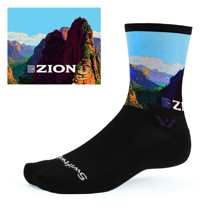 Black Vision Impression Zion National Park crew sock with illustrated landscape cuff