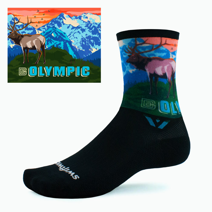 Swiftwick VISION Six Impression Olympic Cycling Socks, Black, Multi-Color, dual view