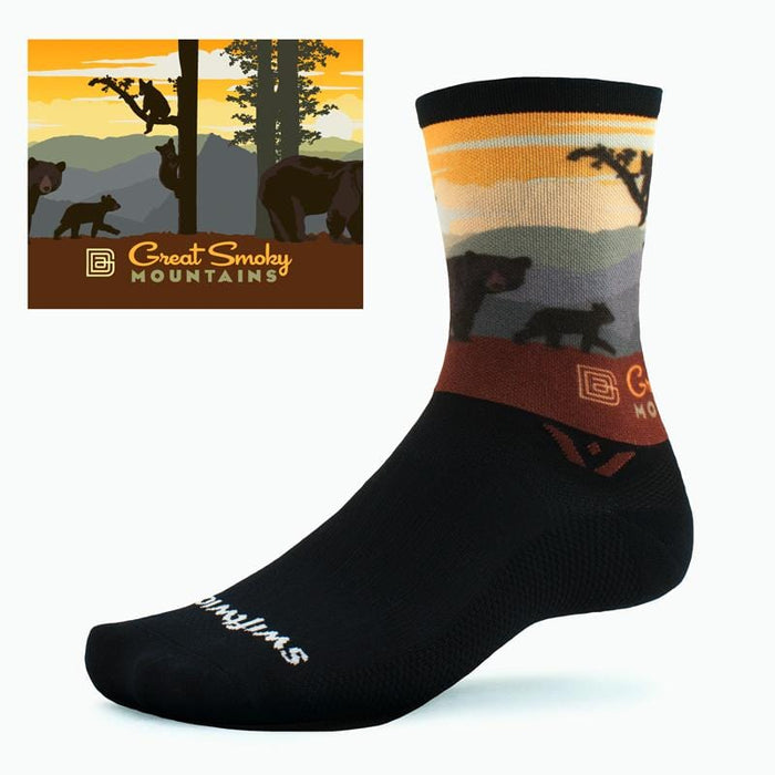 Swiftwick VISION Six Impression Great Smoky Mountains Bears, Cycling Socks, Black, Multi-Color, dual view