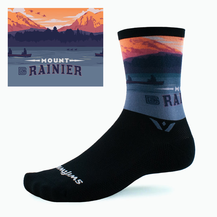 Swiftwick VISION Six Impression Mount Rainier Cycling Socks, Black, Multi-Color, dual view