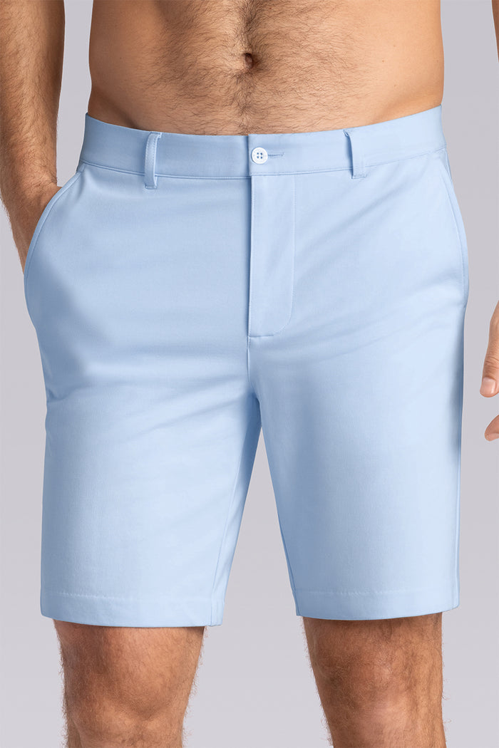 Model wearing Vision Airy Blue Icy Cotton® mid rise shorts.