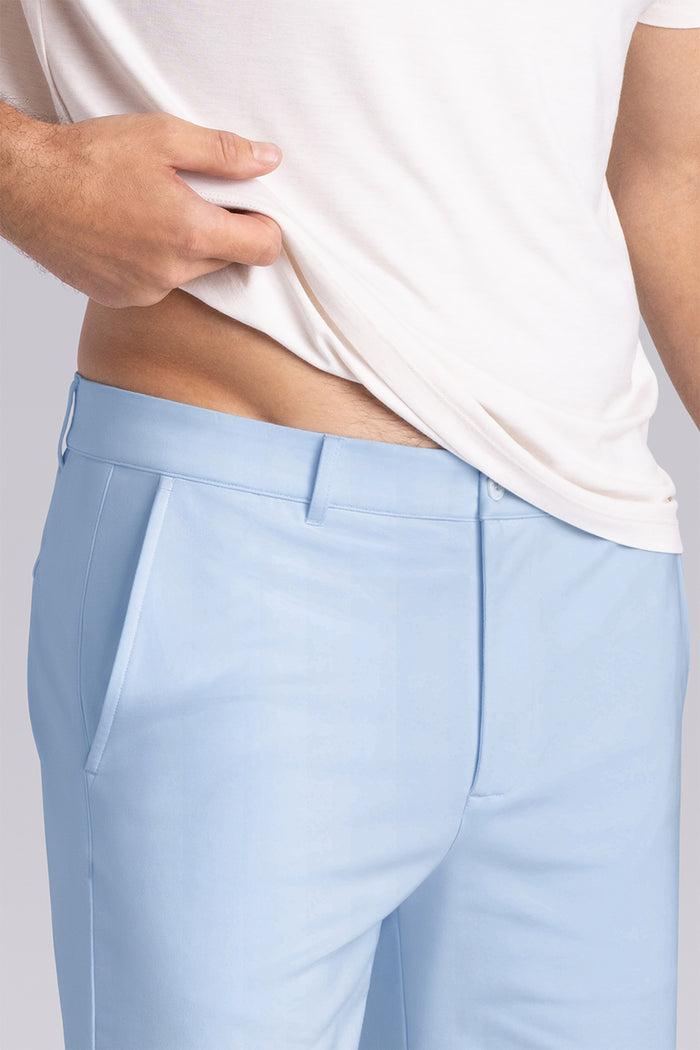 Model wearing Vision Airy Blue Icy Cotton® mid rise shorts.